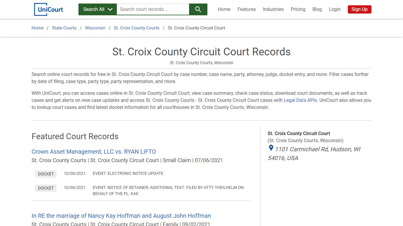 St. Croix County Circuit Court Records | St. Croix | UniCourt